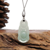 "Laughing Buddha" Genuine Green Jadeite Buddha Pendant Necklace With Silver  Bail