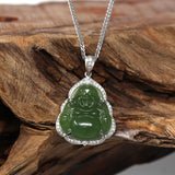 Sterling Silver Genuine Nephrite Green Jade Small Buddha Pendant Necklace