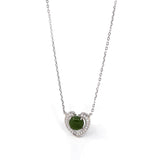 Sterling Silver Real Green Nephrite Jade Love Pendant Necklace With CZ