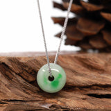 "Good Luck Button" Necklace Rich Green Jade Lucky KouKou Pendant Necklace