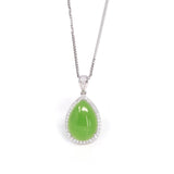 Sterling Silver Genuine Green Nephrite Apple Green Jade Tear Drop Pendant Necklace With Diamond