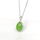 Sterling Silver Genuine Green Nephrite Apple Green Jade Tear Drop Pendant Necklace With Diamond