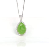 Sterling Silver Genuine Green Nephrite Apple Green Jade Tear Drop Pendant Necklace With Diamond