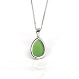 Sterling Silver Genuine Green Nephrite Apple Green Jade Tear Drop Pendant Necklace With Diamond