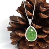 Sterling Silver Genuine Green Nephrite Apple Green Jade Tear Drop Pendant Necklace With Diamond