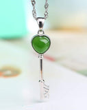 "The Key to My Heart" Sterling Silver Genuine Nephrite Green Jade Key Pendant Necklace