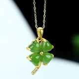 Sterling Silver Real Green Nephrite Jade Four Leaf Clover Pendant Necklace