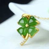 Sterling Silver Real Green Nephrite Jade Four Leaf Clover Pendant Necklace