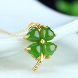 Sterling Silver Real Green Nephrite Jade Four Leaf Clover Pendant Necklace