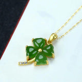 Sterling Silver Real Green Nephrite Jade Four Leaf Clover Pendant Necklace