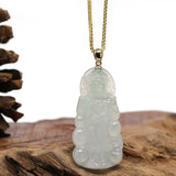 14k "Goddess of Compassion" Guan Yin Genuine Burmese Jadeite Jade Necklace With Bail