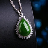 "Classic Tear-Drop" Sterling Silver Real Green Jade Classic Tear Drop Pendant Necklace