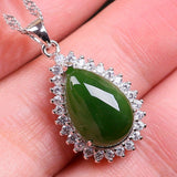 "Classic Tear-Drop" Sterling Silver Real Green Jade Classic Tear Drop Pendant Necklace