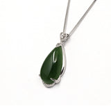 "Classic Tear-Drop" Sterling Silver Real Green Jade Classic Tear Drop Pendant Necklace