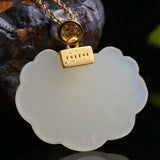 Sterling Silver Genuine White Jade RuYi Pendant Necklace  with 18k Gold Plated