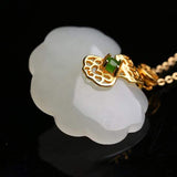 Sterling Silver Genuine White Jade RuYi Pendant Necklace  with 18k Gold Plated