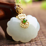 Sterling Silver Genuine White Jade RuYi Pendant Necklace  with 18k Gold Plated