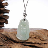 "Standing Buddha" Genuine Green Jadeite Buddha Pendant Necklace With Silver Bail